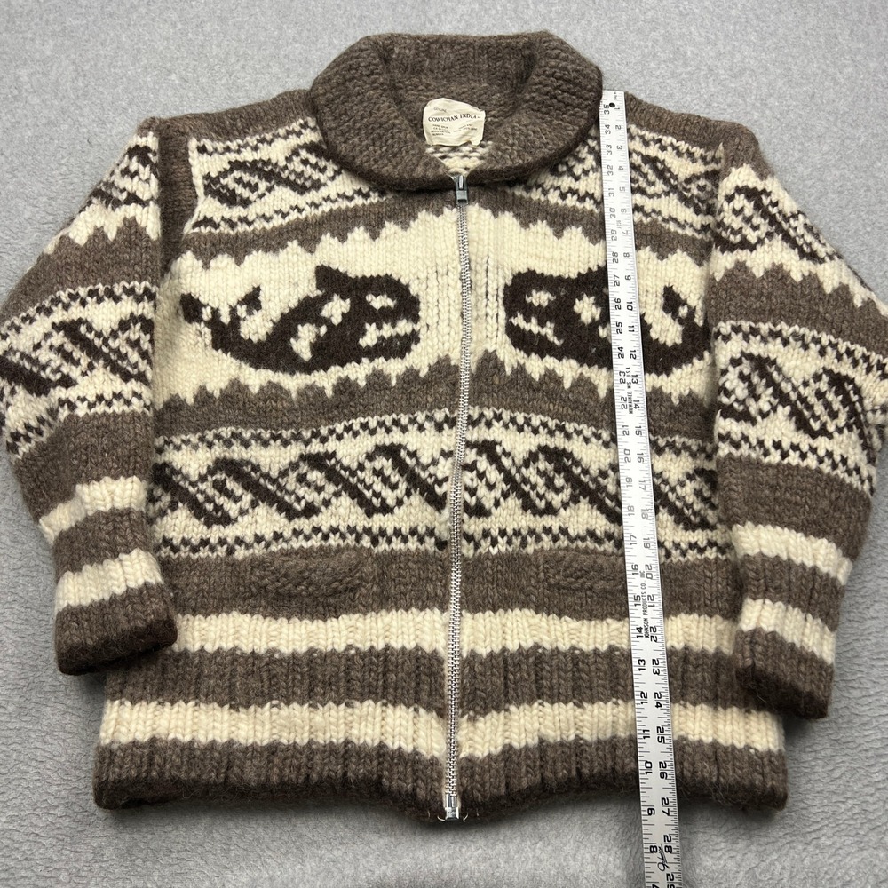 Cowichan Indian Knit Cardigan Mens Large* Brown Whale Hand Knit Wool Zip Sweater - Picture 6 of 11